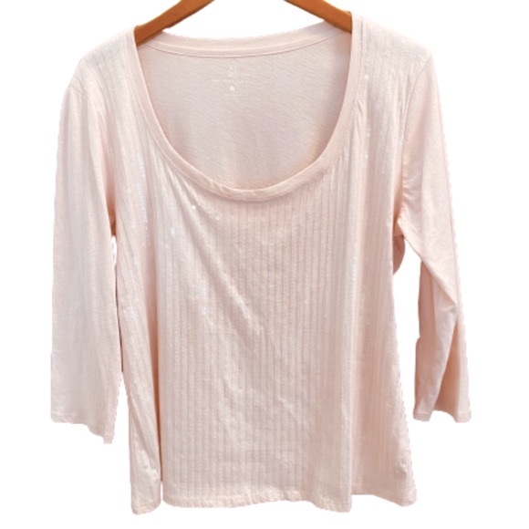 NY & COMPANY Top T-Shirt Sequin 3/4 Sleeves Scoop Neck Pink Large - Picture 4 of 11
